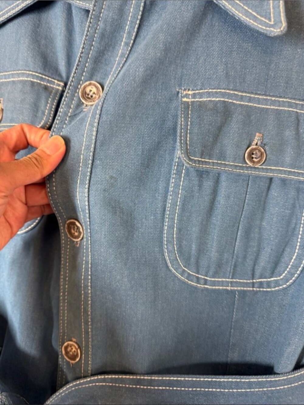 Vintage Belted Denim Jacket Blue Size 44 Mod Retro Utility Blazer Shacket Unisex - Picture 6 of 15